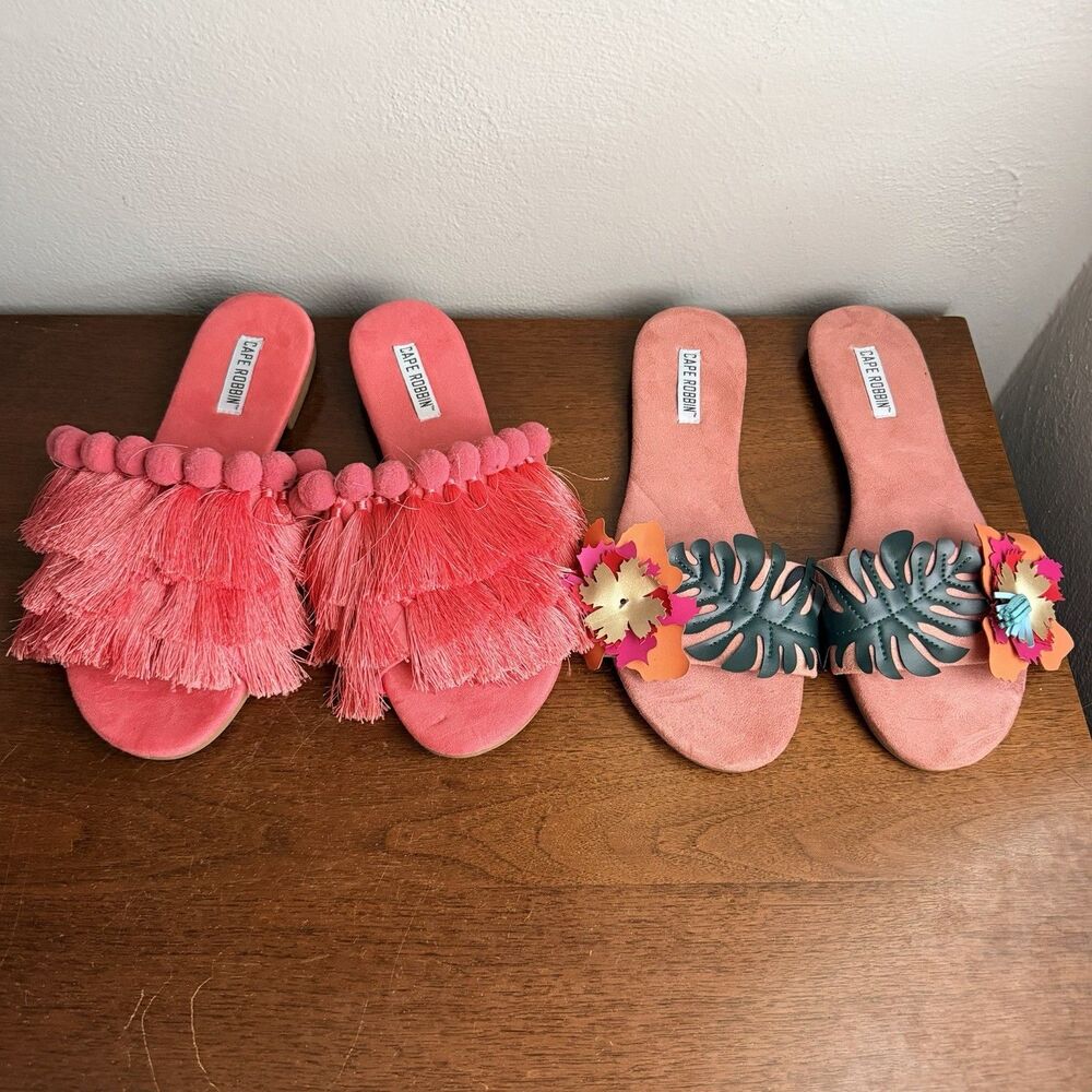 Cape Robbin Full Bloom Lot of 2 Sandals Slides Pink Flowers Fringe Womens 8.5